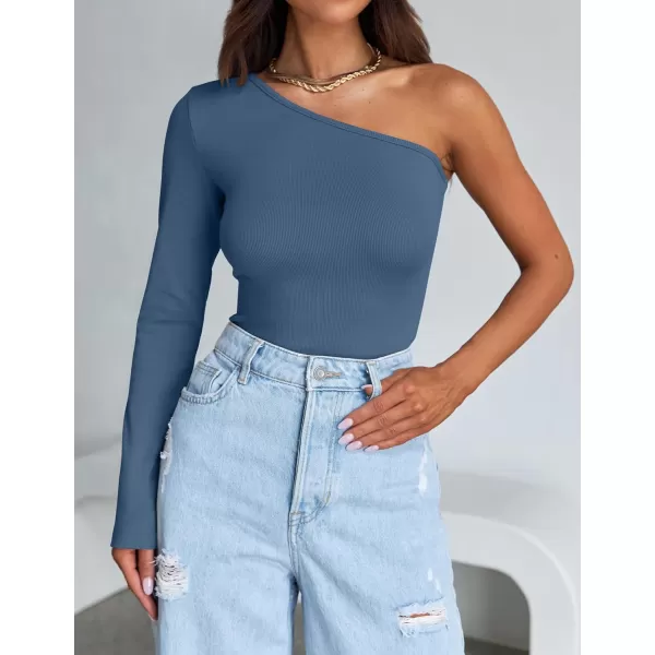 imageZESICA Womens One Shoulder Long Sleeve Tops 2024 Fall Fashion Lightweight Ribbed Knit Shirts Slim Fitted Basic TeesDustyblue