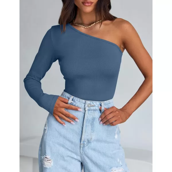 imageZESICA Womens One Shoulder Long Sleeve Tops 2024 Fall Fashion Lightweight Ribbed Knit Shirts Slim Fitted Basic TeesDustyblue
