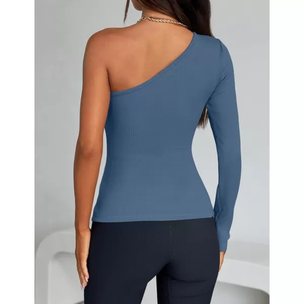 imageZESICA Womens One Shoulder Long Sleeve Tops 2024 Fall Fashion Lightweight Ribbed Knit Shirts Slim Fitted Basic TeesDustyblue