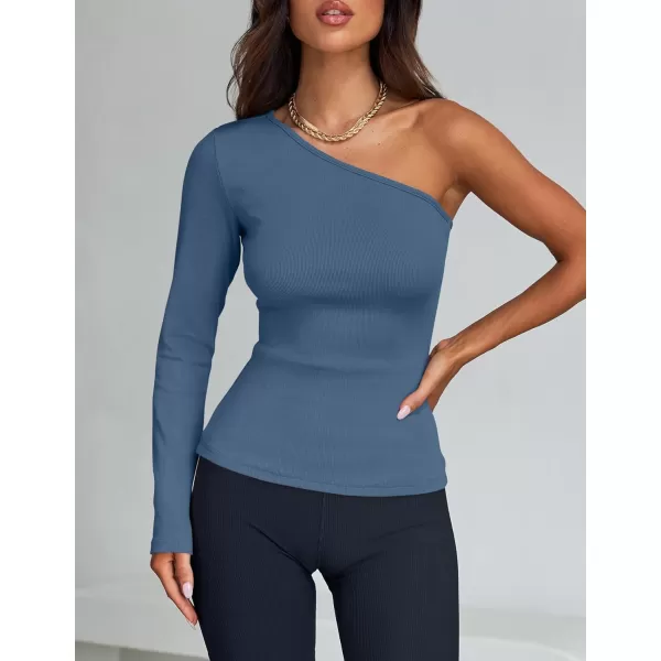 imageZESICA Womens One Shoulder Long Sleeve Tops 2024 Fall Fashion Lightweight Ribbed Knit Shirts Slim Fitted Basic TeesDustyblue