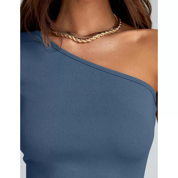 imageZESICA Womens One Shoulder Long Sleeve Tops 2024 Fall Fashion Lightweight Ribbed Knit Shirts Slim Fitted Basic TeesDustyblue