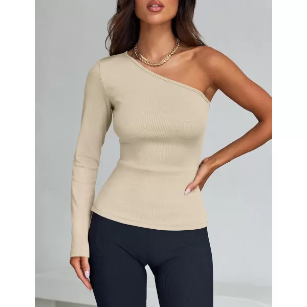 imageZESICA Womens One Shoulder Long Sleeve Tops 2024 Fall Fashion Lightweight Ribbed Knit Shirts Slim Fitted Basic TeesSand