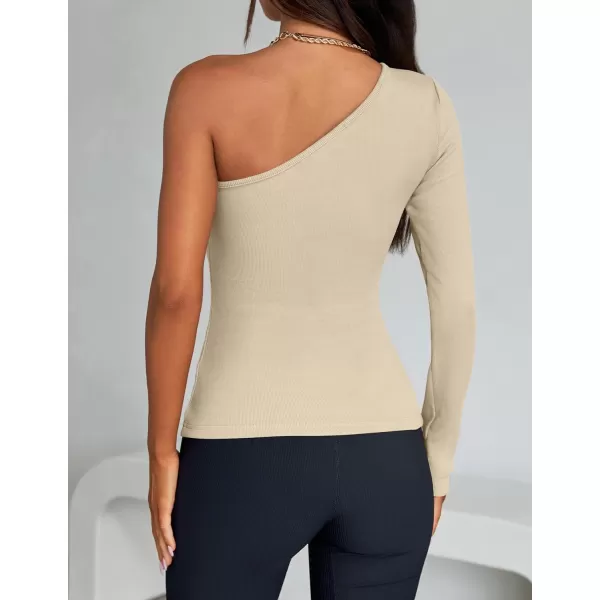 imageZESICA Womens One Shoulder Long Sleeve Tops 2024 Fall Fashion Lightweight Ribbed Knit Shirts Slim Fitted Basic TeesSand