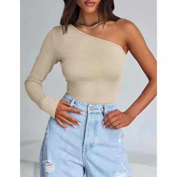 imageZESICA Womens One Shoulder Long Sleeve Tops 2024 Fall Fashion Lightweight Ribbed Knit Shirts Slim Fitted Basic TeesSand