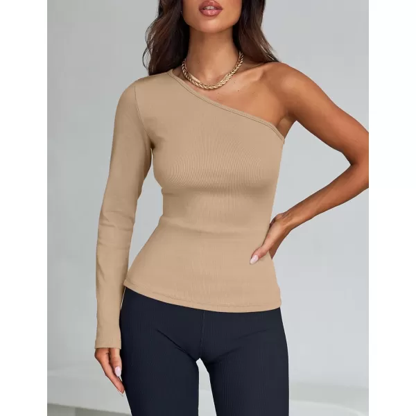 imageZESICA Womens One Shoulder Long Sleeve Tops 2024 Fall Fashion Lightweight Ribbed Knit Shirts Slim Fitted Basic TeesToffee