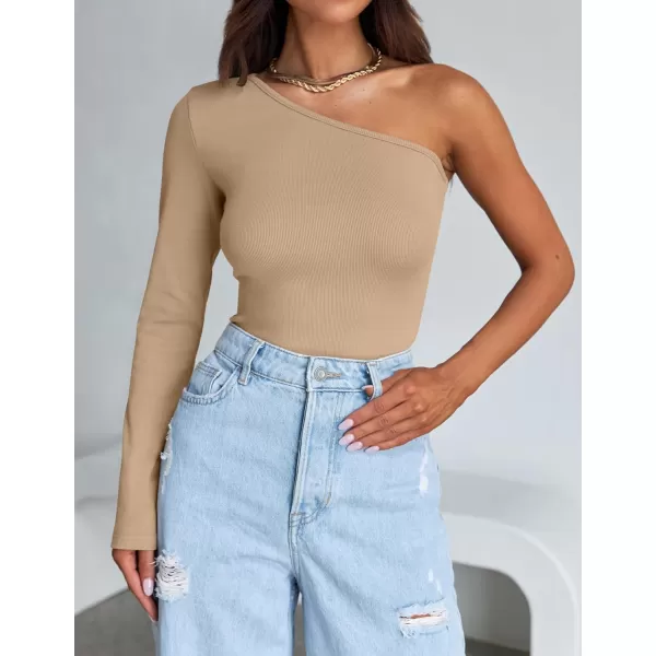 imageZESICA Womens One Shoulder Long Sleeve Tops 2024 Fall Fashion Lightweight Ribbed Knit Shirts Slim Fitted Basic TeesToffee