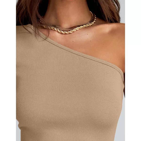 imageZESICA Womens One Shoulder Long Sleeve Tops 2024 Fall Fashion Lightweight Ribbed Knit Shirts Slim Fitted Basic TeesToffee