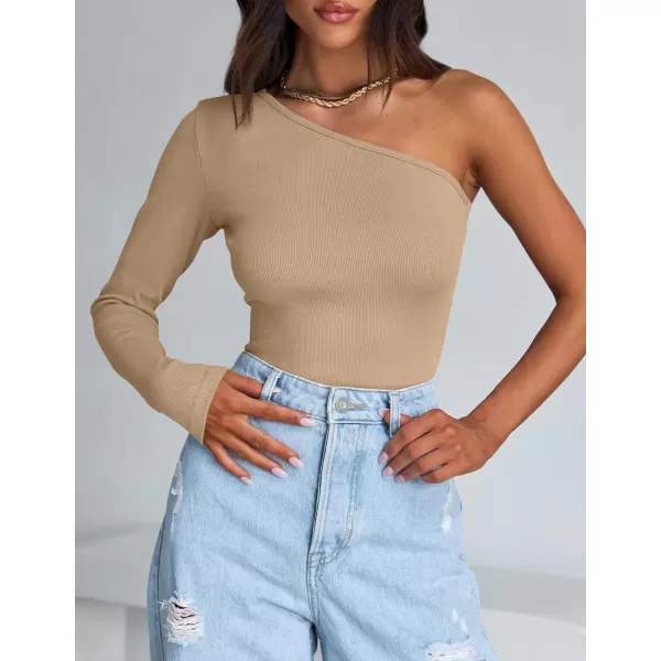 imageZESICA Womens One Shoulder Long Sleeve Tops 2024 Fall Fashion Lightweight Ribbed Knit Shirts Slim Fitted Basic TeesToffee