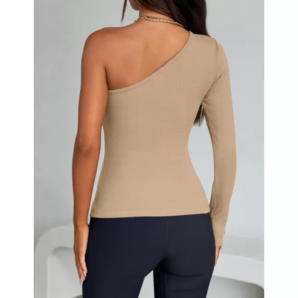 imageZESICA Womens One Shoulder Long Sleeve Tops 2024 Fall Fashion Lightweight Ribbed Knit Shirts Slim Fitted Basic TeesToffee