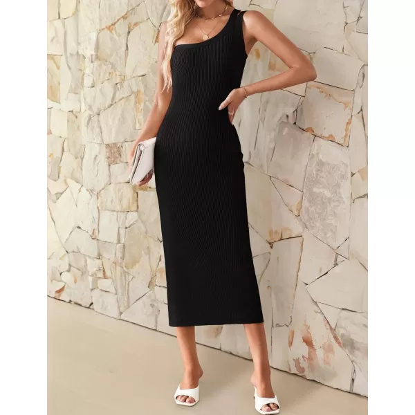 imageZESICA Womens One Shoulder Midi Bodycon Dresses 2024 Summer Sleeveless Slim Fit Ribbed Knit Back Slit Sweater DressBlack