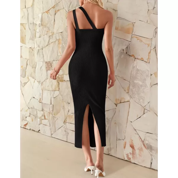 imageZESICA Womens One Shoulder Midi Bodycon Dresses 2024 Summer Sleeveless Slim Fit Ribbed Knit Back Slit Sweater DressBlack