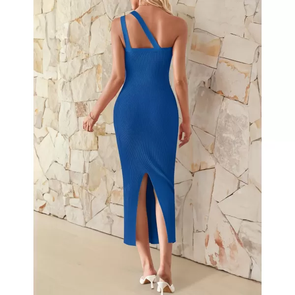 imageZESICA Womens One Shoulder Midi Bodycon Dresses 2024 Summer Sleeveless Slim Fit Ribbed Knit Back Slit Sweater DressBlue