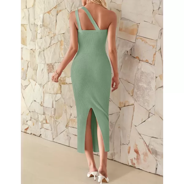 imageZESICA Womens One Shoulder Midi Bodycon Dresses 2024 Summer Sleeveless Slim Fit Ribbed Knit Back Slit Sweater DressLight Green