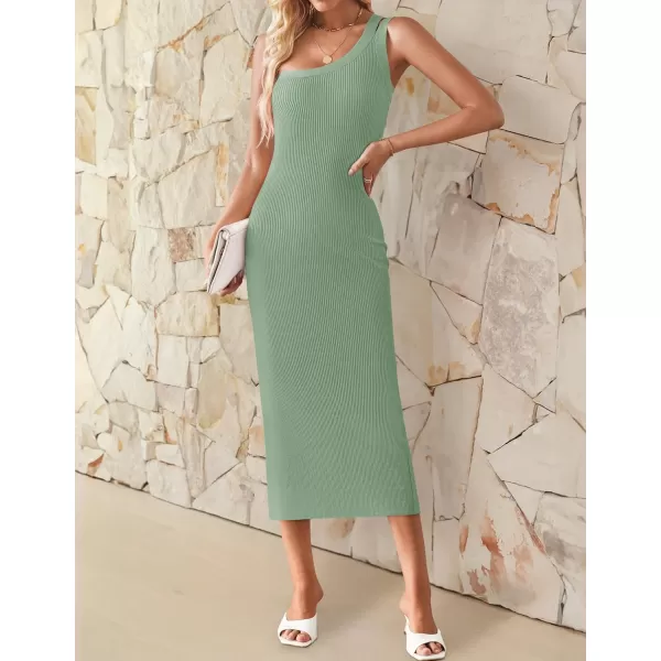 imageZESICA Womens One Shoulder Midi Bodycon Dresses 2024 Summer Sleeveless Slim Fit Ribbed Knit Back Slit Sweater DressLight Green
