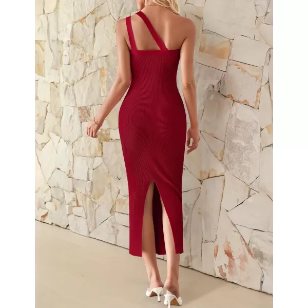 imageZESICA Womens One Shoulder Midi Bodycon Dresses 2024 Summer Sleeveless Slim Fit Ribbed Knit Back Slit Sweater DressRed