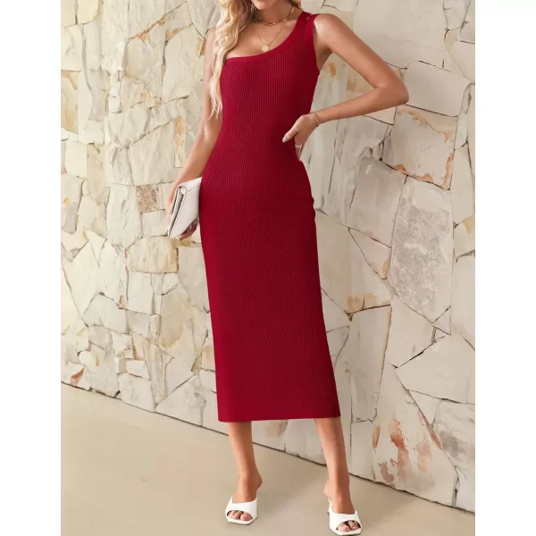 imageZESICA Womens One Shoulder Midi Bodycon Dresses 2024 Summer Sleeveless Slim Fit Ribbed Knit Back Slit Sweater DressRed