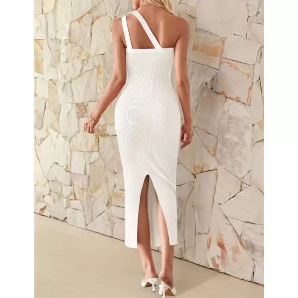 imageZESICA Womens One Shoulder Midi Bodycon Dresses 2024 Summer Sleeveless Slim Fit Ribbed Knit Back Slit Sweater DressWhite
