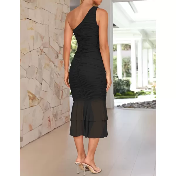 imageZESICA Womens One Shoulder Summer Dress Sleeveless Mesh Ruched Bodycon Sexy Formal Cocktail Midi DressesBlack