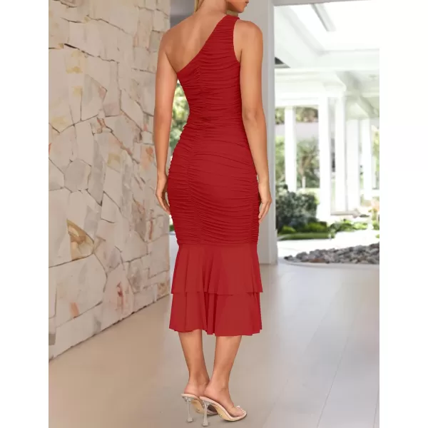 imageZESICA Womens One Shoulder Summer Dress Sleeveless Mesh Ruched Bodycon Sexy Formal Cocktail Midi DressesRed