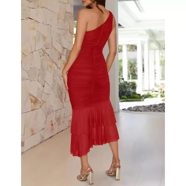 imageZESICA Womens One Shoulder Summer Dress Sleeveless Mesh Ruched Bodycon Sexy Formal Cocktail Midi DressesRed