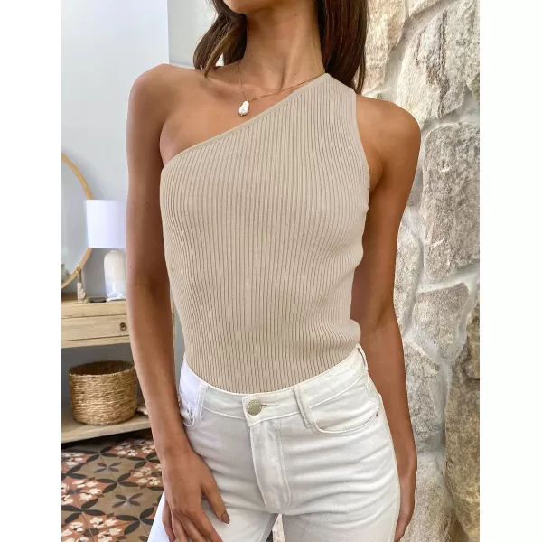 imageZESICA Womens One Shoulder Tank Summer Sleeveless T Shirt Ribbed Knit Slim Fit Sexy Casual Basic Tee TopsApricot
