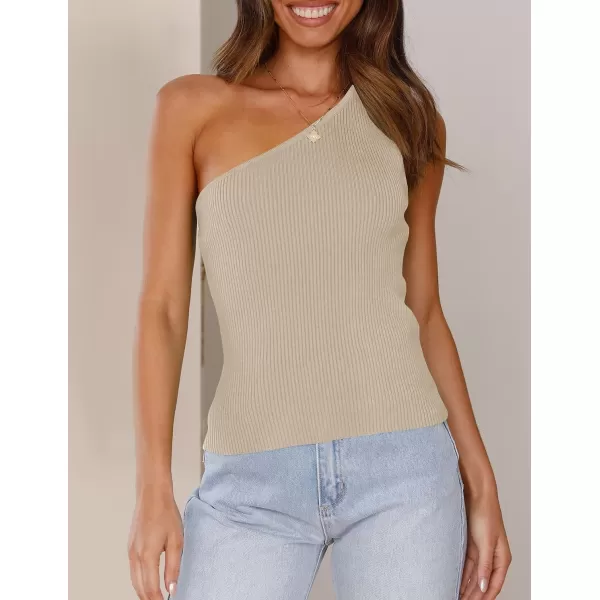 imageZESICA Womens One Shoulder Tank Summer Sleeveless T Shirt Ribbed Knit Slim Fit Sexy Casual Basic Tee TopsApricot