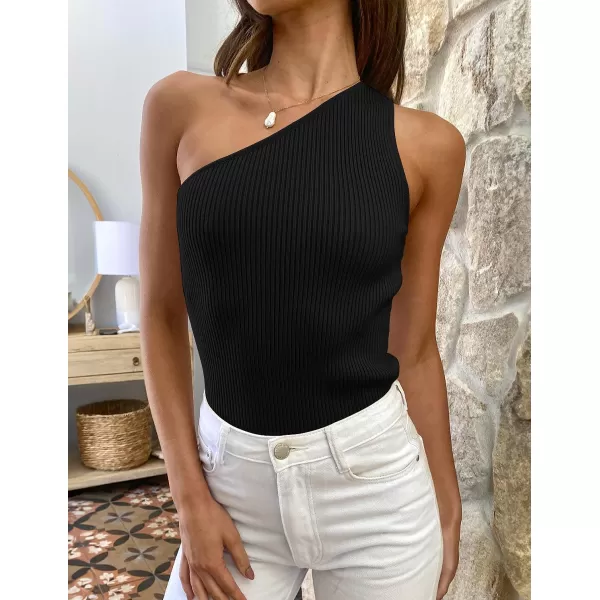imageZESICA Womens One Shoulder Tank Summer Sleeveless T Shirt Ribbed Knit Slim Fit Sexy Casual Basic Tee TopsBlack
