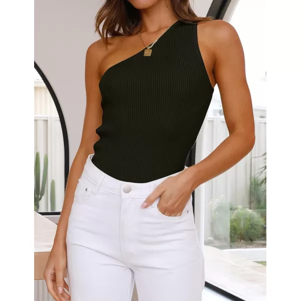 imageZESICA Womens One Shoulder Tank Summer Sleeveless T Shirt Ribbed Knit Slim Fit Sexy Casual Basic Tee TopsBlack