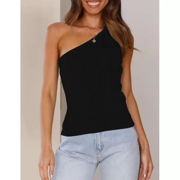 imageZESICA Womens One Shoulder Tank Summer Sleeveless T Shirt Ribbed Knit Slim Fit Sexy Casual Basic Tee TopsBlack