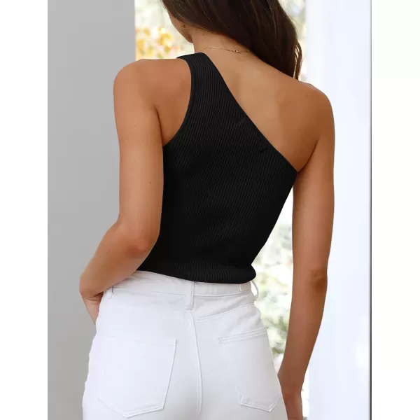 imageZESICA Womens One Shoulder Tank Summer Sleeveless T Shirt Ribbed Knit Slim Fit Sexy Casual Basic Tee TopsBlack