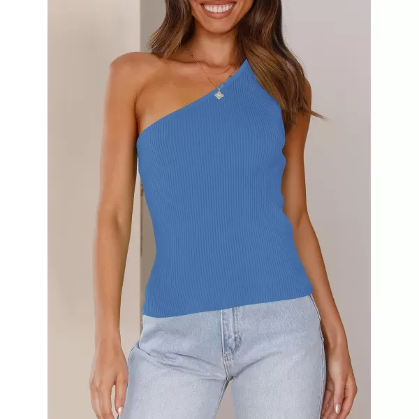 imageZESICA Womens One Shoulder Tank Summer Sleeveless T Shirt Ribbed Knit Slim Fit Sexy Casual Basic Tee TopsBlue