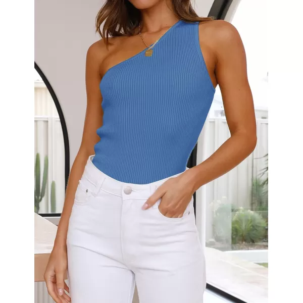 imageZESICA Womens One Shoulder Tank Summer Sleeveless T Shirt Ribbed Knit Slim Fit Sexy Casual Basic Tee TopsBlue