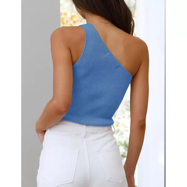 imageZESICA Womens One Shoulder Tank Summer Sleeveless T Shirt Ribbed Knit Slim Fit Sexy Casual Basic Tee TopsBlue