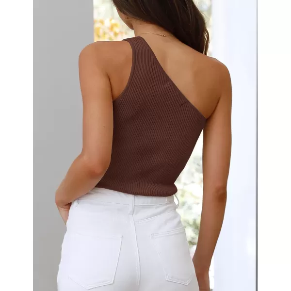 imageZESICA Womens One Shoulder Tank Summer Sleeveless T Shirt Ribbed Knit Slim Fit Sexy Casual Basic Tee TopsBrown