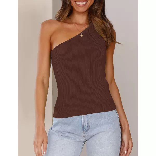 imageZESICA Womens One Shoulder Tank Summer Sleeveless T Shirt Ribbed Knit Slim Fit Sexy Casual Basic Tee TopsBrown