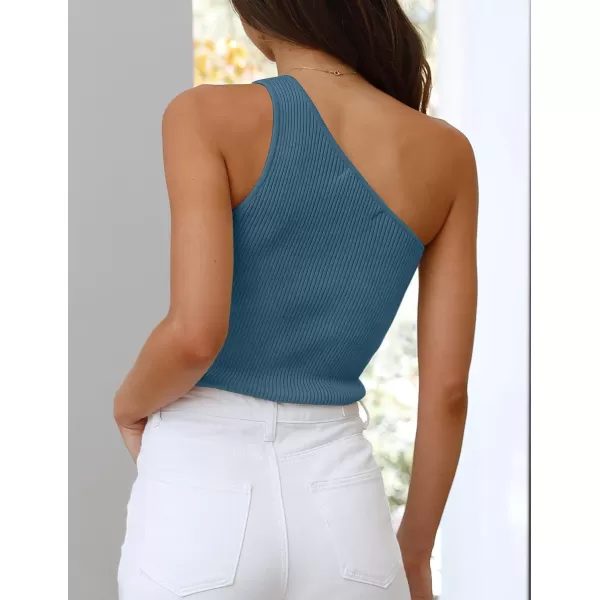 imageZESICA Womens One Shoulder Tank Summer Sleeveless T Shirt Ribbed Knit Slim Fit Sexy Casual Basic Tee TopsDarkblue