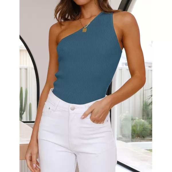 imageZESICA Womens One Shoulder Tank Summer Sleeveless T Shirt Ribbed Knit Slim Fit Sexy Casual Basic Tee TopsDarkblue