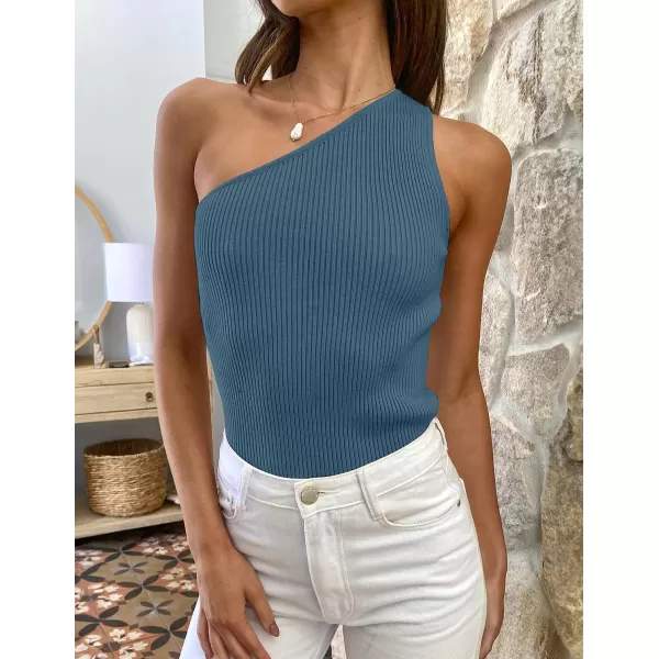 imageZESICA Womens One Shoulder Tank Summer Sleeveless T Shirt Ribbed Knit Slim Fit Sexy Casual Basic Tee TopsDarkblue