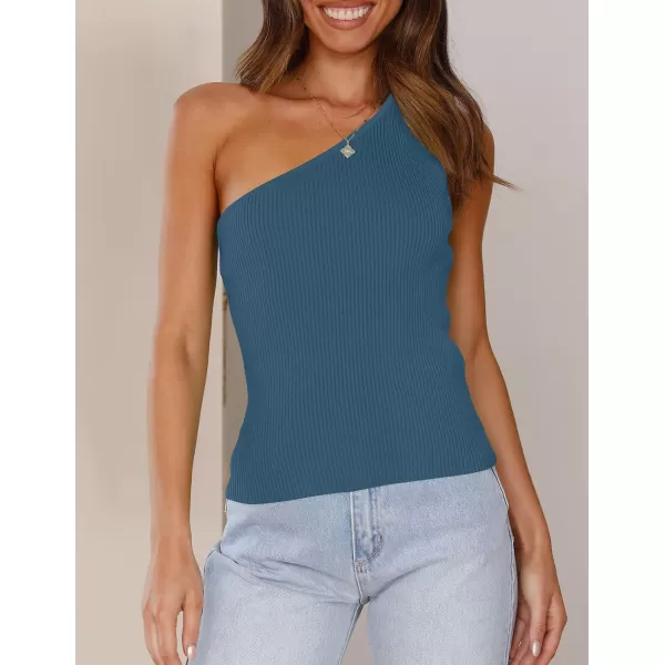 imageZESICA Womens One Shoulder Tank Summer Sleeveless T Shirt Ribbed Knit Slim Fit Sexy Casual Basic Tee TopsDarkblue