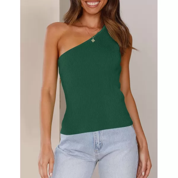 imageZESICA Womens One Shoulder Tank Summer Sleeveless T Shirt Ribbed Knit Slim Fit Sexy Casual Basic Tee TopsDarkgreen