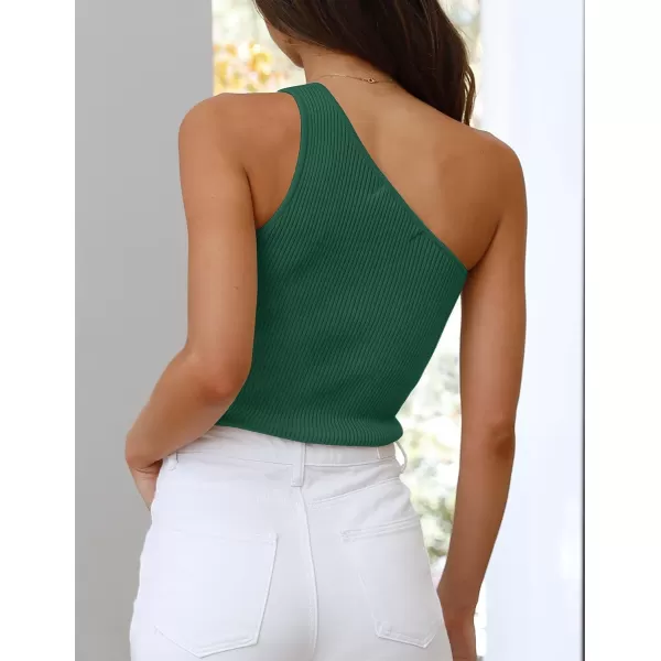 imageZESICA Womens One Shoulder Tank Summer Sleeveless T Shirt Ribbed Knit Slim Fit Sexy Casual Basic Tee TopsDarkgreen