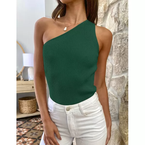 imageZESICA Womens One Shoulder Tank Summer Sleeveless T Shirt Ribbed Knit Slim Fit Sexy Casual Basic Tee TopsDarkgreen