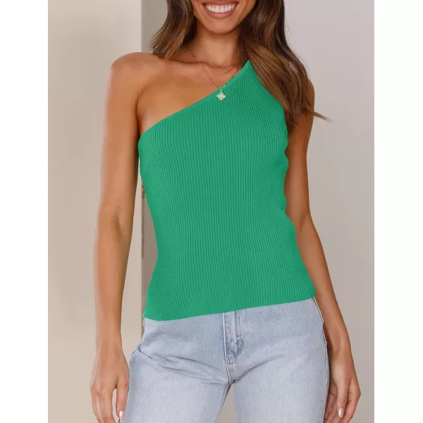 imageZESICA Womens One Shoulder Tank Summer Sleeveless T Shirt Ribbed Knit Slim Fit Sexy Casual Basic Tee TopsGreen