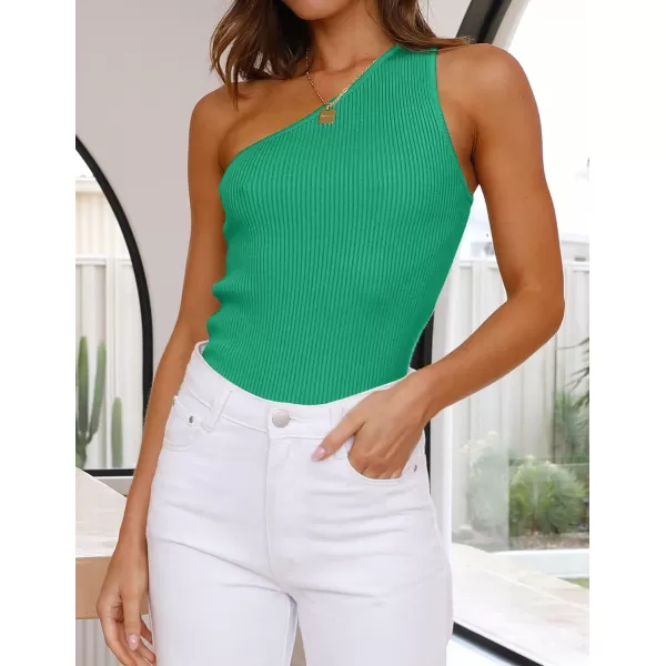 imageZESICA Womens One Shoulder Tank Summer Sleeveless T Shirt Ribbed Knit Slim Fit Sexy Casual Basic Tee TopsGreen