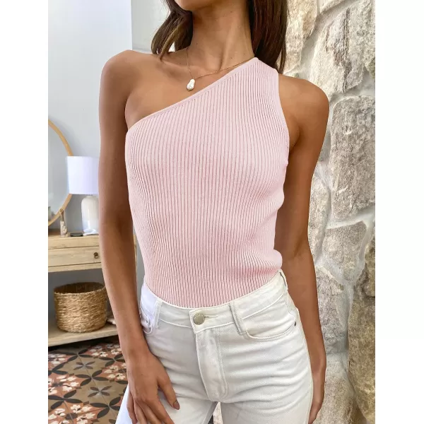 imageZESICA Womens One Shoulder Tank Summer Sleeveless T Shirt Ribbed Knit Slim Fit Sexy Casual Basic Tee TopsLightpink