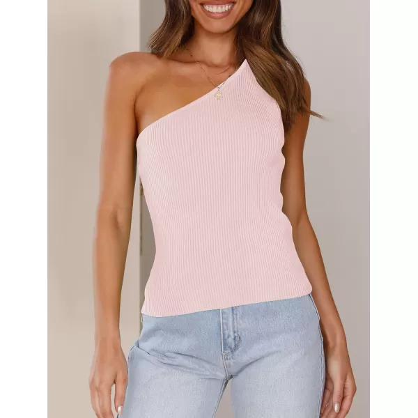imageZESICA Womens One Shoulder Tank Summer Sleeveless T Shirt Ribbed Knit Slim Fit Sexy Casual Basic Tee TopsLightpink