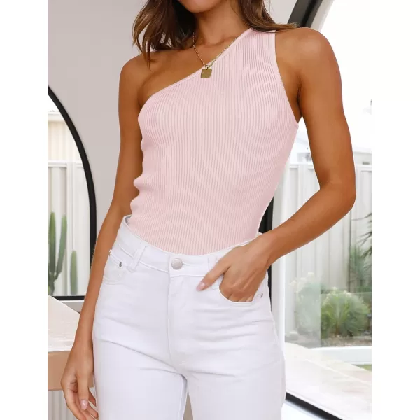 imageZESICA Womens One Shoulder Tank Summer Sleeveless T Shirt Ribbed Knit Slim Fit Sexy Casual Basic Tee TopsLightpink