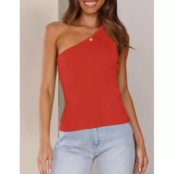 imageZESICA Womens One Shoulder Tank Summer Sleeveless T Shirt Ribbed Knit Slim Fit Sexy Casual Basic Tee TopsOrangered
