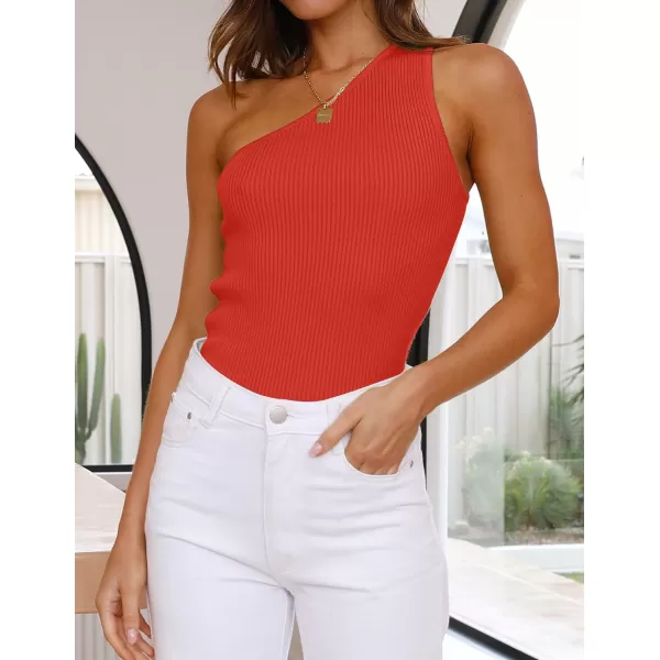 imageZESICA Womens One Shoulder Tank Summer Sleeveless T Shirt Ribbed Knit Slim Fit Sexy Casual Basic Tee TopsOrangered