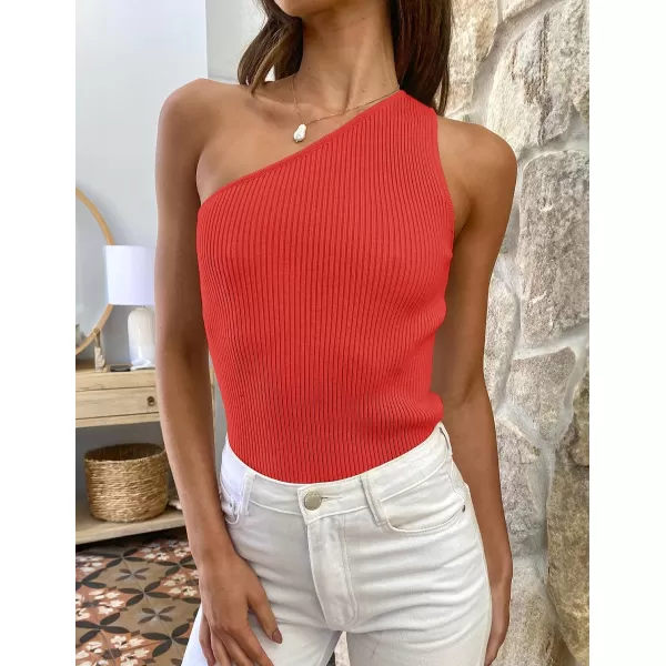 imageZESICA Womens One Shoulder Tank Summer Sleeveless T Shirt Ribbed Knit Slim Fit Sexy Casual Basic Tee TopsOrangered